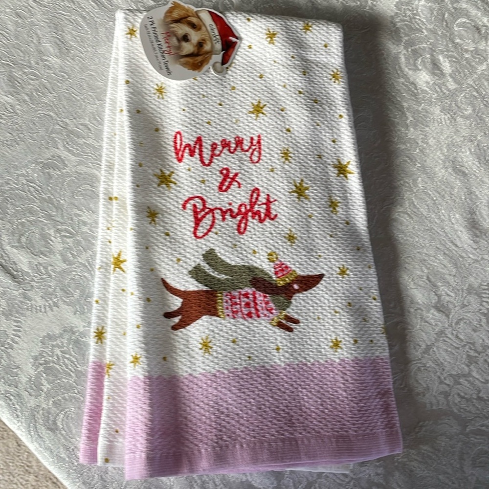 Set of two adorable dachshund /winter theme, kitchen towels